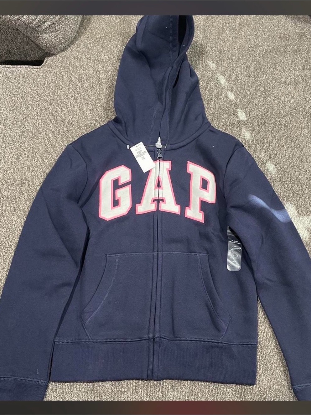 Girls Navy Gap zip up hoodie with pink and white logo, size L 10